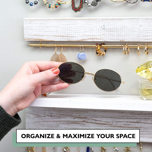 Ilyapa Wall Mounted Jewelry Organizer with Shelf - Rustic White Wood - 3 Piece Jewelry Hanger Rack Set - Earring, Bracelet & Necklace Holder