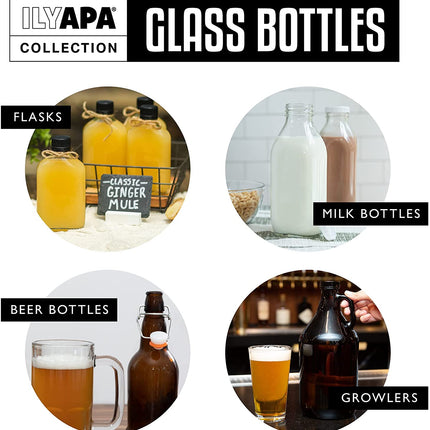 Ilyapa 33.8 oz Glass Milk Bottle with Plastic Lid - Pack of 2 - Vintage style Glass Milk Bottle with Cap for Milk, Kombucha, Juice, Water - Larger than 1 Quart