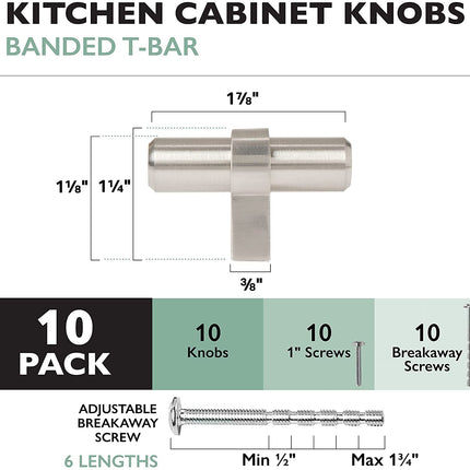 Satin Nickel Kitchen Cabinet Knobs, 10 Pack - Contemporary T-Knob Drawer Pull Handle Hardware