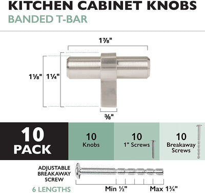 Satin Nickel Kitchen Cabinet Knobs, 10 Pack - Contemporary T-Knob Drawer Pull Handle Hardware