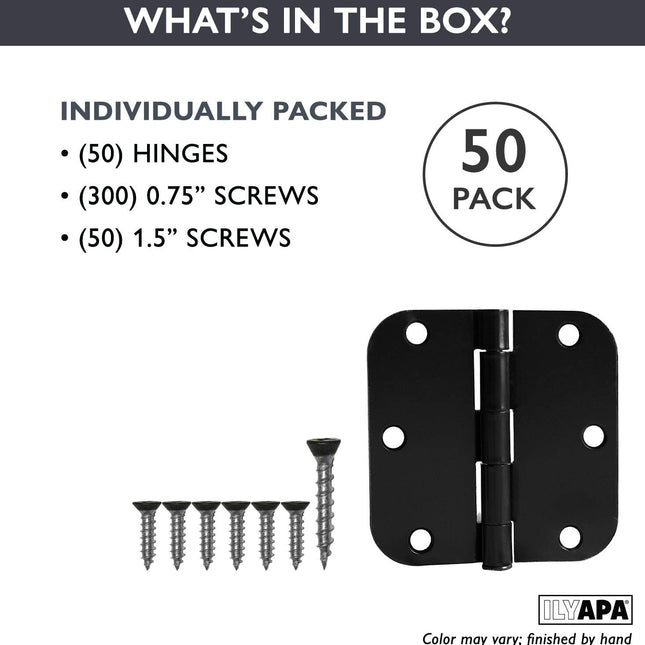 50 Pack of Door Hinges Black - 3 1/2" x 3 1/2" Inch Interior Hinges for Doors with 5/8 Radius Corners