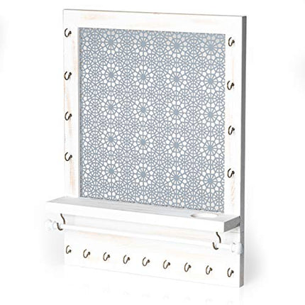 Wall Mounted Jewelry Organizer with Shelf, Bracelet Holder Rod and 17 Antique Brass Hooks - Rustic White Wood - 13 x 17 Inch