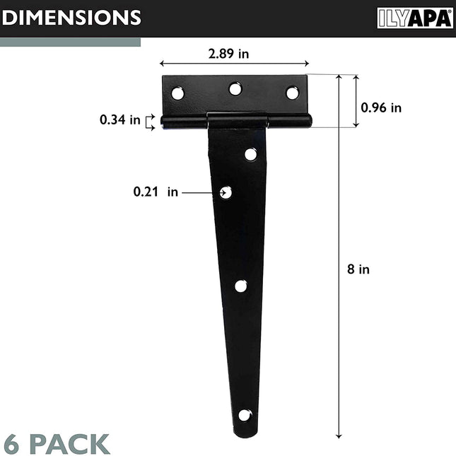 Ilyapa Heavy Duty Gate Hinges, 6 Pack - 8 Inch Outdoor T Strap Hinges for Barn Door, Shed or Wooden Fences