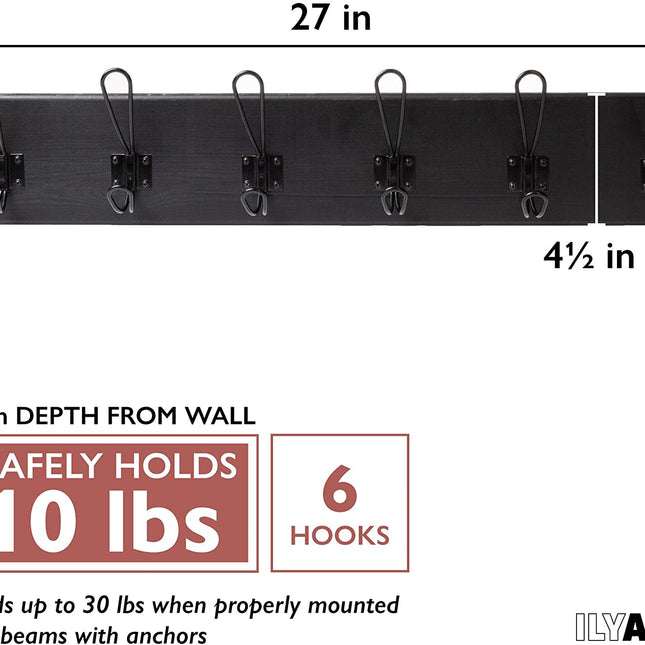 Ilyapa Wooden Coat Rack Wall Mount - Black Wood Hat Hanger with 6 Metal Hooks