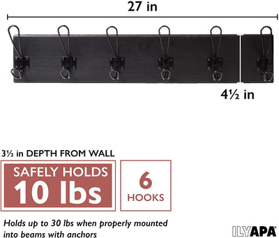 Ilyapa Wooden Coat Rack Wall Mount - Black Wood Hat Hanger with 6 Metal Hooks