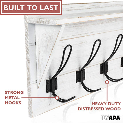 Wall Mounted Coat Rack with Shelf - 27 Inch Rustic Wooden 6 Hook Coat Hanger Rail, White Distressed Wood, Black Metal Hooks