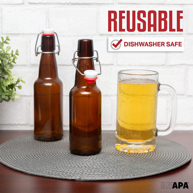 Ilyapa 12oz Amber Glass Beer Bottles for Home Brewing - 12 Pack with Flip Caps for Beer Bottling