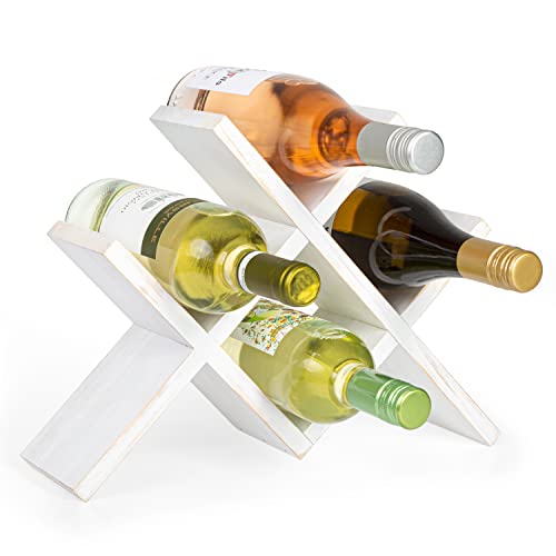 Ilyapa 4-Bottle Countertop Wine Rack - Rustic Weathered White Wood Wine Bottle Holder