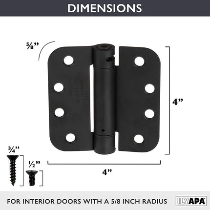 Self Closing Door Hinges, 2 Pack, Black - 4x4 Inch Improved Interior Spring Hinges for Doors with 5/8" Radius Corners