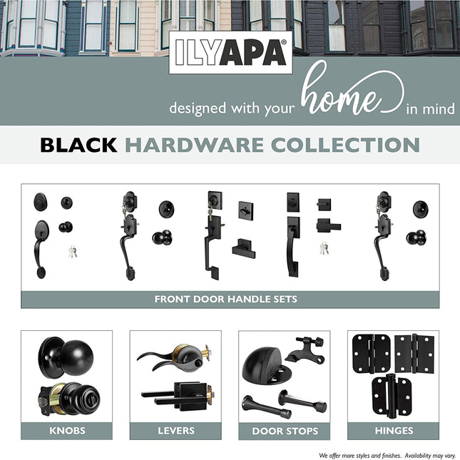 Ilyapa Exterior Door Handleset - Modern, Matte Black Low Profile Lock Set Front Door Handle with Single Cylinder Deadbolt and Halifax Lever, Matte Black