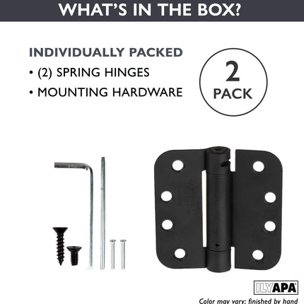 Self Closing Door Hinges, 2 Pack, Black - 4x4 Inch Improved Interior Spring Hinges for Doors with 5/8" Radius Corners
