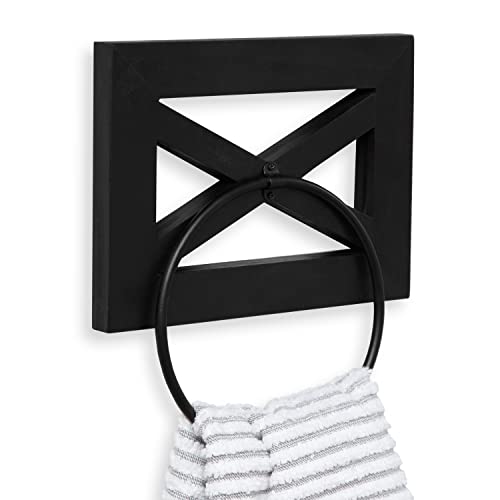 Ilyapa Rustic Hand Towel Ring for Bathroom- Wall Mounted Bathroom Hand Towel Holder - Black Wood & Black Metal Ring, Farmhouse Decor