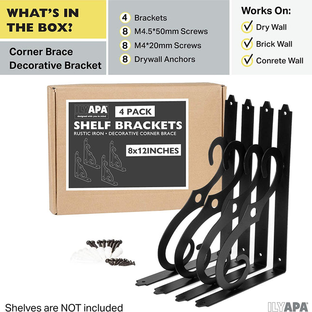 Heavy Duty Floating Shelf Brackets, 4 Pack - 8x12 Inch Decorative Metal Corner Brace Support for Wall Mount Shelves