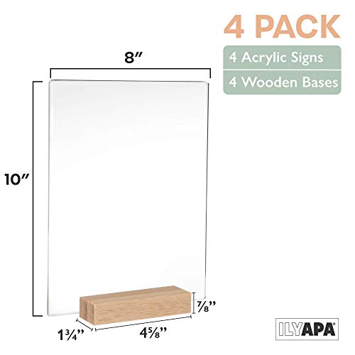 Acrylic Sign Holders with Natural Wood Stands, 4 Pack - 8x10 Inch Blank Table Numbers Set for Wedding