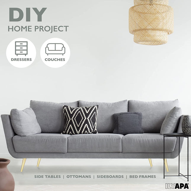 Ilyapa Tapered Oblique Metal Furniture Leg - Set of 4 Gold Mid Century Modern 8 Inch Tapered Replacement Furniture Feet for Sofas, Chairs, Tables