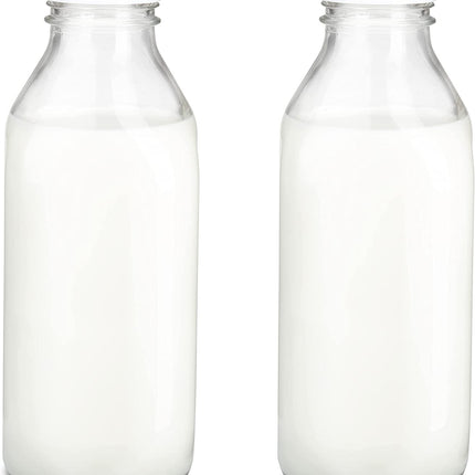 Ilyapa 33.8 oz Glass Milk Bottle with Plastic Lid - Pack of 2 - Vintage style Glass Milk Bottle with Cap for Milk, Kombucha, Juice, Water - Larger than 1 Quart