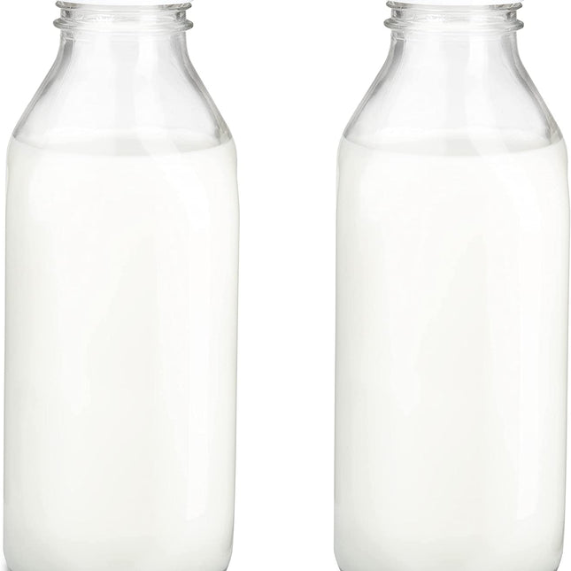 Ilyapa 33.8 oz Glass Milk Bottle with Plastic Lid - Pack of 2 - Vintage style Glass Milk Bottle with Cap for Milk, Kombucha, Juice, Water - Larger than 1 Quart