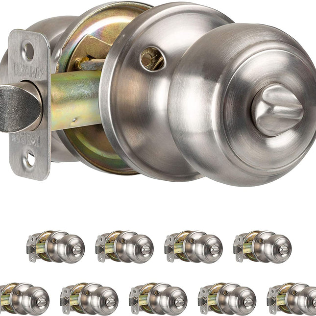 Interior Privacy Door knob - Keyless Locking Door Handles for Bedroom and Bathroom - Improved Satin Nickel Finish - (10 Pack)