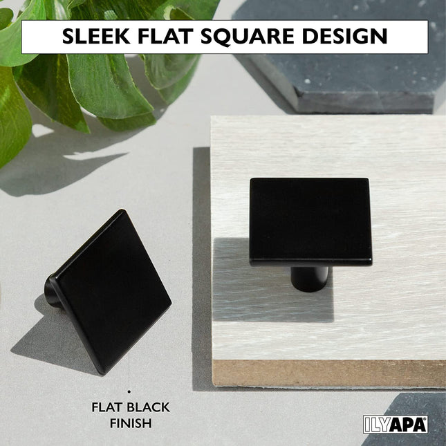 Ilyapa Flat Black Kitchen Cabinet Knobs - Square Drawer Handles - 25 Pack of Kitchen Cabinet Hardware