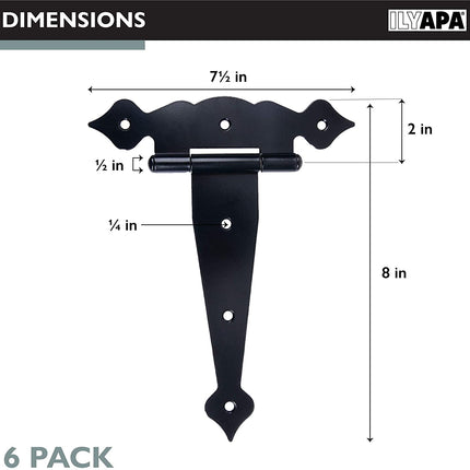 Ilyapa Heavy Duty Gate Hinges, 6 Pack - 8 Inch Decorative Outdoor T Strap Hinges for Barn Door, Shed or Wooden Fences