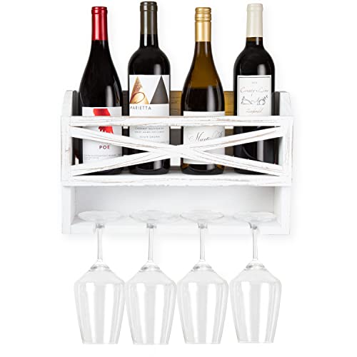 Ilyapa Rustic Farmhouse Style Wine Rack - Wall Mounted Wooden Wine Rack - White, Holds 5 Bottles, 4 Glasses