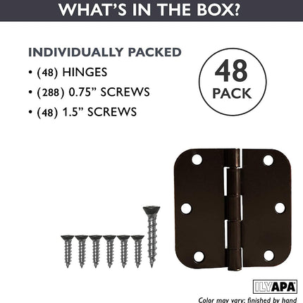 Ilyapa 48 Pack Oil Rubbed Bronze Door Hinges - 3.5 x 3.5 Inch Interior Door Hinges for Doors Antique Bronze Door Hinges for Doors 3 1/2 Inches, with 5/8 Inch Radius Corners