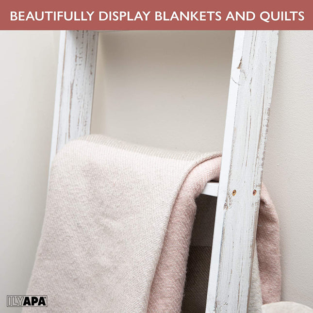 Ilyapa Blanket Ladder for The Living Room - Rustic Decorative Quilt Ladder, White Weathered Wood