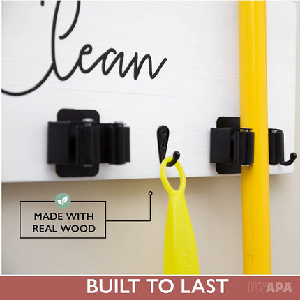 Ilyapa Broom Holder Wall Mount, White Wooden Mop Storage- 3 pole holders-4 Hooks