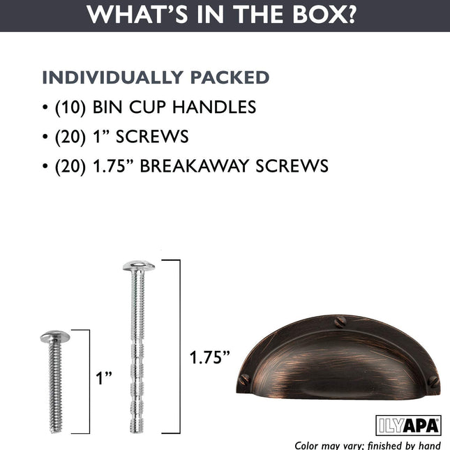 Oil Rubbed Bronze Kitchen Cabinet Pulls - 3 Inch Hole Center Industrial Design Bin Cup Drawer Handles - 10 Pack of Kitchen Cabinet Hardware