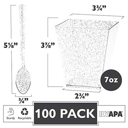 100 Mini Plastic Dessert Cups with Spoons - 7 oz Silver Glitter Dessert Shooters