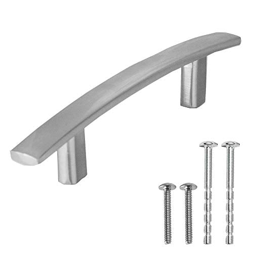 Ilyapa Satin Nickel Kitchen Cabinet Handles - 3 Inch Hole- 5 Pack of Curved Bar
