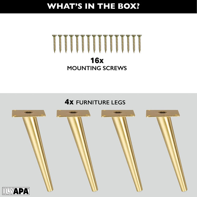 Ilyapa Tapered Oblique Metal Furniture Leg - Set of 4 Gold Mid Century Modern 8 Inch Tapered Replacement Furniture Feet for Sofas, Chairs, Tables