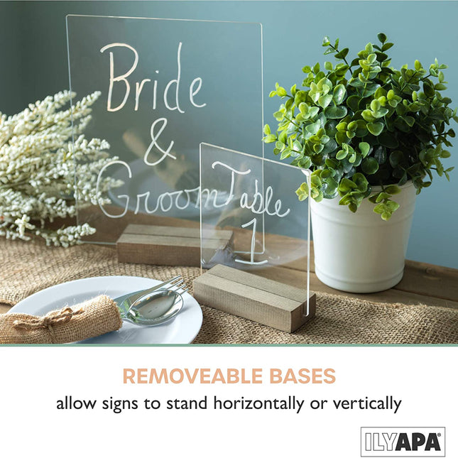 Acrylic Sign Holders with Wood Stands, 4 Pack - Small 5x6 Inch Blank Table Numbers Set for Wedding