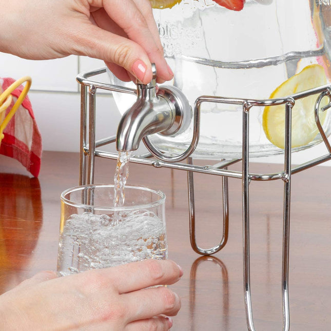 Outdoor Glass Beverage Dispenser with Sturdy Metal Base & Stainless Steel Spigot -2 Gallon Drink Dispenser for Lemonade, Tea, Cold Water & More