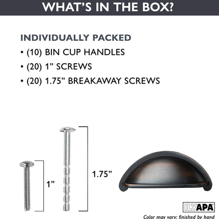 Oil Rubbed Bronze Kitchen Cabinet Pulls - 3 Inch Hole Center Bin Cup Drawer Handles - 10 Pack of Kitchen Cabinet Hardware