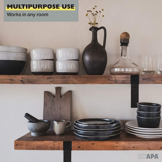 Heavy Duty Steel Floating Shelf Brackets, Undermount Bracket With Lip- Farmhouse Rustic Iron Matte Finish - 4 Pack of 6 x 9.25 Inch Industrial Metal Shelf Holders, Joint Angle Brackets for Wall Shelve