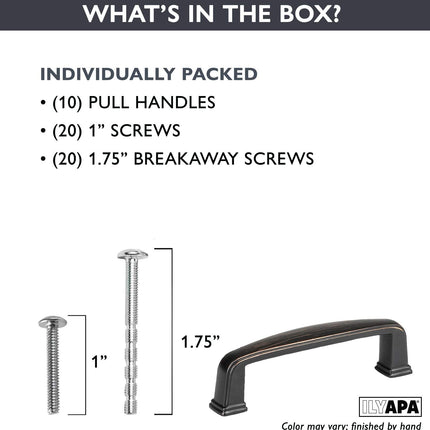 Oil Rubbed Bronze Cabinet Handles - 3 Inch Hole Center Modern Drawer Pulls - 10 Pack of Kitchen Cabinet Hardware