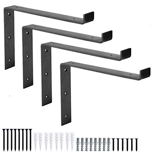 Heavy Duty Steel Floating Shelf Brackets, Undermount Bracket With Lip- Farmhouse Rustic Iron Matte Finish - 4 Pack of 8 x 11.25 Inch Industrial Metal Shelf Holders, Joint Angle Brackets for Wall Shelv