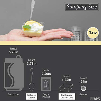 100 Mini Plastic Dessert Cups with Spoons - 2 oz Square Shooters