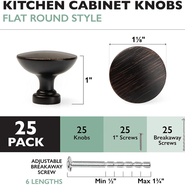 Ilyapa Oil Rubbed Bronze Kitchen Cabinet Knobs - Round Drawer Handles - 25 Pack of Kitchen Cabinet Hardware