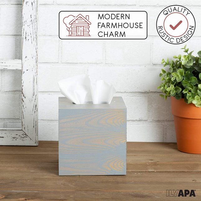 Ilyapa Wood Tissue Box Cover, 2 Pack Square - Rustic Farmhouse Gray Wooden Tissue Holders