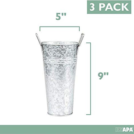 Galvanized Metal Vase 3 Pack - 9" Tall Bucket Planter Pots for Decor
