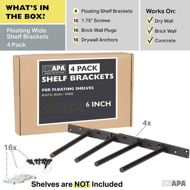 Heavy Duty Steel Concealed Floating Shelf Brackets 4 Pack of 6 Inch Blind Shelf Supports with 1" x 5.5" Wide Base - Farmhouse Rustic Iron Finish Industrial Metal Shelf Holders, Hidden Shelf Brackets