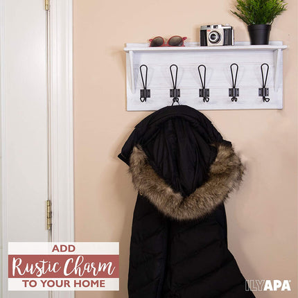Wall Mounted Coat Rack with Shelf - 24 Inch Rustic Wooden 5 Hook Coat Hanger Rail, White Distressed Wood, Black Metal Hooks