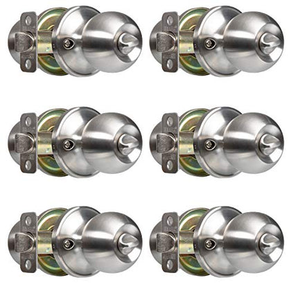 Ilyapa Privacy Door Knob for Bed/Bath - Ball, Satin Nickel Interior Keyless Turn Thumb Locking Round Door Handle, Satin Nickel, 6 Pack