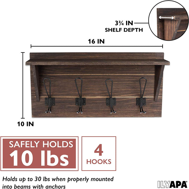 Wall Mounted Coat Rack with Shelf - 16 Inch Rustic Wooden 4 Hook Coat Hanger Rail, Espresso Distressed Wood, Black Metal Hooks
