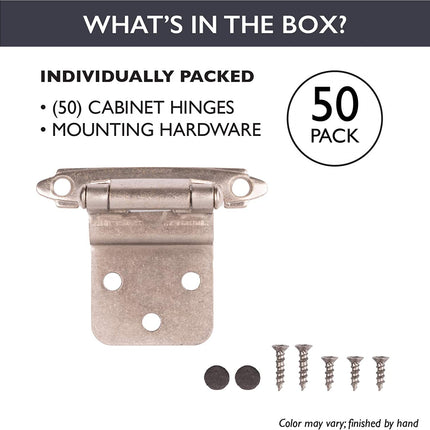 Self Closing Cabinet Hinges Satin Nickel, 50 Pack - 3/8 Inch Inset Variable Overlay Kitchen Cabinet Door Hinge Hardware