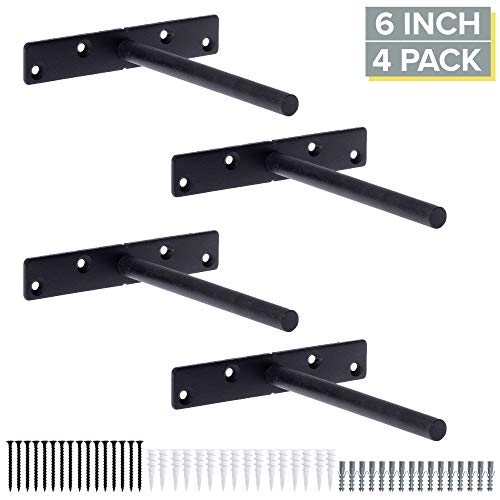 Heavy Duty Steel Concealed Floating Shelf Brackets 4 Pack of 6 Inch Blind Shelf Supports with 1" x 5.5" Wide Base - Farmhouse Rustic Iron Finish Industrial Metal Shelf Holders, Hidden Shelf Brackets