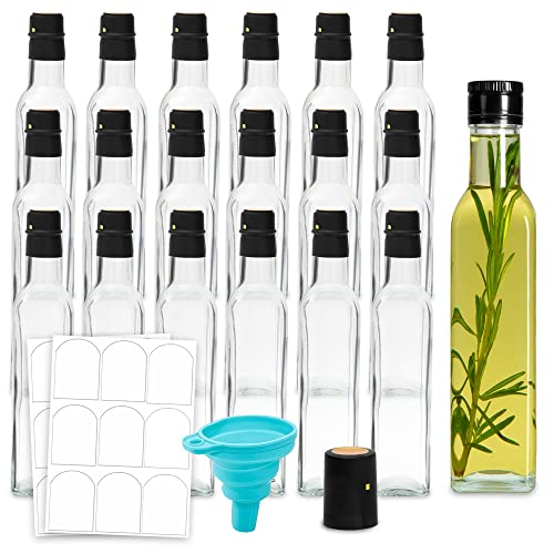 18 Pack 8.5 oz Square Glass Bottles For Hot Sauce, Syrups, Marinades - Woozy Bottle with Black Cap
