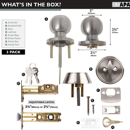 Ilyapa Entry Knob with Deadbolt Set - Ball, Satin Nickle 3 Pack